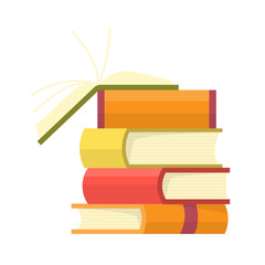 Stack of colorful books with open book on teal background. Education vector illustration.