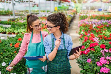 Obraz premium Two beautiful young women entrepreneurs in flower greenhouse using tablet for their business, receiving online order of their products.