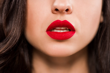 Fototapeta premium cropped view of young woman with red lips