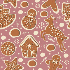 Cute Winter Seamless Pattern with gingerbread cookies.