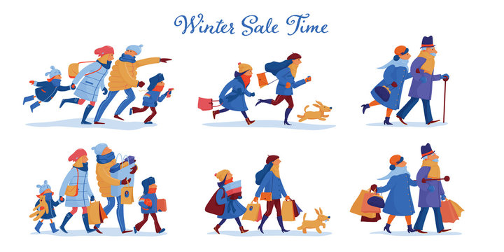 Family of father, mother and kids, friends and elder couple in warm clothes hurrying to winter sale and carrying shopping bags, flat cartoon vector illustration isolated on white background
