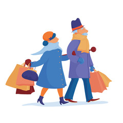 Happy elder couple, man and woman, in warm clothes going home from winter sale, shopping, carrying many shopping bags and purchases, cute flat cartoon vector illustration isolated on white background