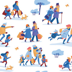 Fototapeta na wymiar Winter sale seamless pattern with family of father, mother and kids, friends and elder couple in warm clothes hurrying, running to shopping and going home with many shopping bags, white background