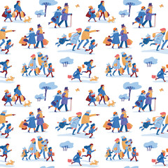 Fototapeta na wymiar Winter sale seamless pattern with two friends, family of four, elder couple, dog and bird hurrying to shopping and going home with many shopping bags, purchases, goods on white background