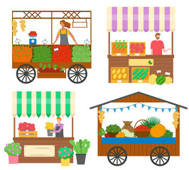Set of trade tents with people selling fresh vegetables and flowers. Vendor in apron standing behind counter. Street stall or kiosk. Festival market. Vector illustration in flat cartoon style