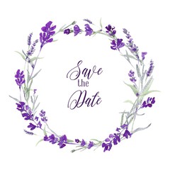Vector watecolor lavender delicate floral wreath on white background with message Save the date. Blue flowers and green leaves.. Invitation card design.