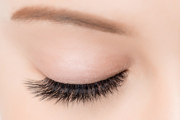 Naklejka premium Macro woman eye with beautiful brown red shades smokey makeup fashion. Concept eyelashes extensions procedure
