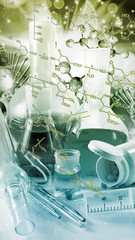 Abstract 3d image of DNA chain, laboratory equipment on a blurred background with chemical formulas.