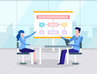 Woman explaining notes on whiteboard, presentation with information for company development. Session seminar, workers wearing formal clothes. Vector illustration in flat cartoon style