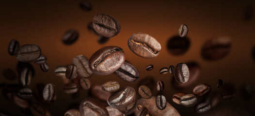 Roasted coffee beans on grey background, closeup