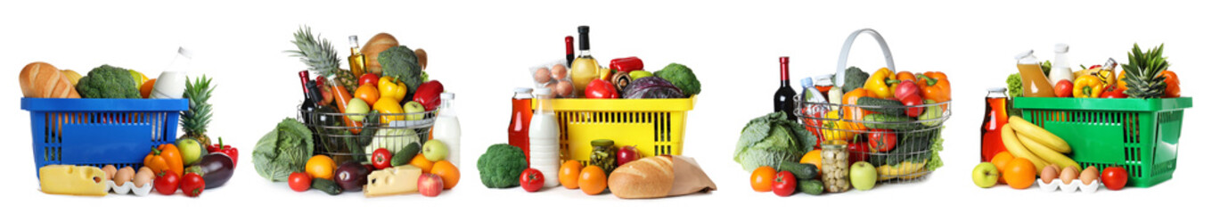 Set of shopping baskets with grocery products on white background