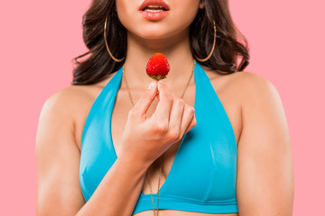 cropped view of woman holding strawberry isolated on pink