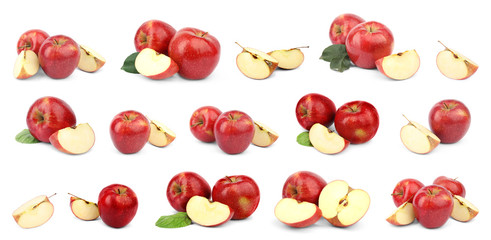 Set of fresh ripe red apples on white background