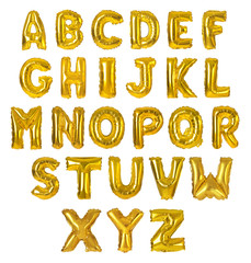 Set with golden foil balloons in shape of letters on white background