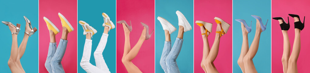Collage of women wearing different stylish shoes on color backgrounds, closeup
