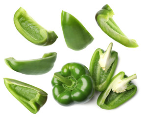 Ripe green bell pepper on white background