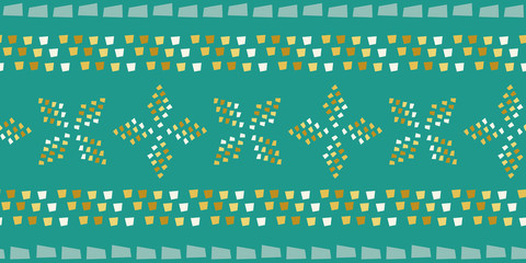 Mosaic windmill shapes and stripes border design in hues of gold and white. Seamless vector pattern on teal background. Great for wellness, cosmetics, edging, trim, ribbon, packaging, stationery