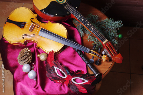 Violin Domra Carnival Masks Drapery And Christmas