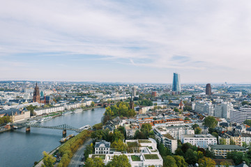 Obraz premium Frankfurt am Main Aerial view with drone. Looking towards the central bank. Main river flowing near Frankfurt. Frankfurt am Main Germany 30.10.2019