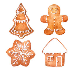 Christmas cookies gingerbread set. Watercolor hand drawn illustration.