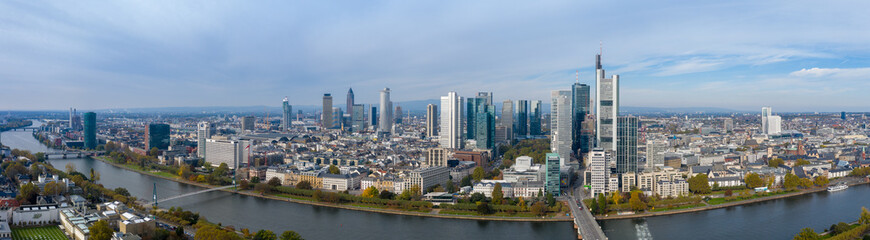 Frankfurt am Main Aerial view with drone. Looking towards the central bank. Main river flowing near...