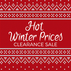 Fototapeta na wymiar Hot winter prices vector, clearance sale at store. Discounts and deals at shops. Embroidery with red and white colors. Stitches pattern closeup. Banner decorated with lines and abstract shapes
