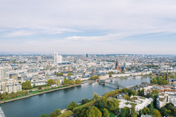 Frankfurt am Main Aerial view with drone. Looking towards the central bank. Main river flowing near Frankfurt. Frankfurt am Main Germany 30.10.2019