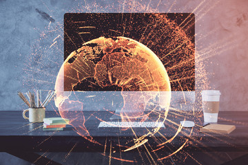 Computer on desktop with social network theme icon. Multi exposure. Concept of international...