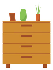 Furniture for home vector, isolated chest of drawers with vase and plant. Frame for photos, flowerpot and empty container for flora interior decoration. Vector illustration in flat cartoon style