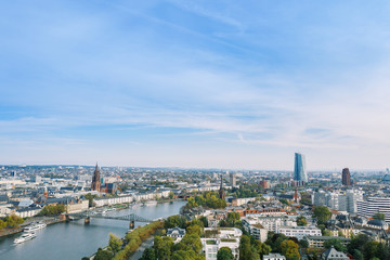Obraz premium Frankfurt am Main Aerial view with drone. Looking towards the central bank. Main river flowing near Frankfurt. Frankfurt am Main Germany 30.10.2019
