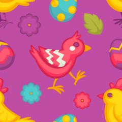 Chicken with flower and painted eggs Easter seamless pattern vector