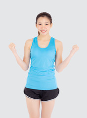Beautiful portrait young asian woman in sport excited and success satisfied and confident isolated on white background, asia girl glad have shape and wellness, exercise for fit with health concept.