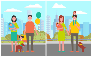 City park relaxation, man and woman with dog walking in town. Greenery and nature of urban area, male and female with children and balloons holidays. Vector illustration in flat cartoon style