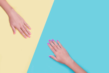 Bright manicure on diffrent backgrounds.