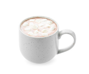 Delicious cocoa drink with marshmallows in cup on white background