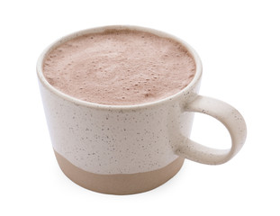 Delicious cocoa drink in cup on white background
