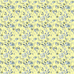 Gray Roses and branches isolated on a yellow background. Watercolor Roses Set. Seamless summer flowery watercolor pattern.