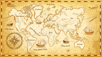 Oude wereldkaart schepen en continenten kompas zeenavigatie