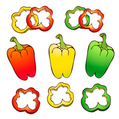 bell pepper or paprika with slices isolated on white background. collection of red, green and yellow pepper with slices. vintage hand drawn paprika icon. fresh farm product. vegetarian food sketch.