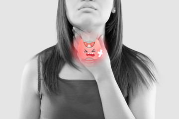The illustration of the thyroid is on the woman throat, Human thyroid gland control. Sore throat of...