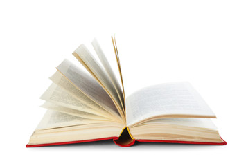 Open hardcover old book on white background