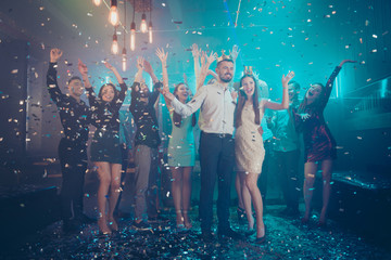 Full length body size view of nice attractive luxurious smart stylish trendy cheerful cheery glad guys crowd having fun time amusement festive nightlife at fashionable modern nightclub indoors © deagreez