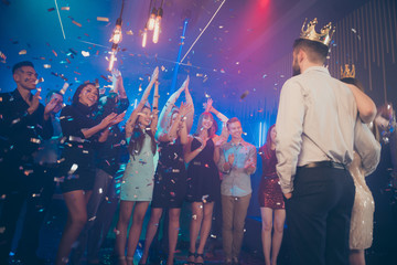 Nice attractive luxury stylish trendy lovely cheerful cheery glad company guys students gathering clubbing social life event occasion nightlife at fashionable modern nightclub indoors © deagreez