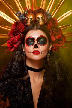 White sugar skull Dia De Los Muertos  on poster for Halloween party with creative make-up or holiday on dark background with copyspace. Beautiful Model, close up in studio. 