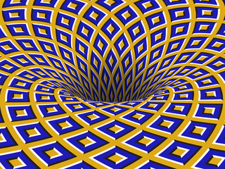 Rotating hole of moving blue yellow squares ornament. Vector optical illusion background.