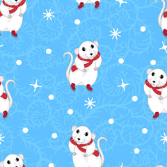 cute white rat or mouse in red scarf and ice skates on winter frost blue background seamless pattern, editable vector illustration for christmas and new year decorations, paper, fabric, textile