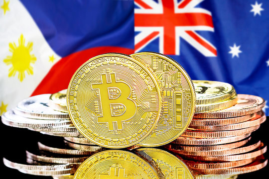 Concept for investors in cryptocurrency and Blockchain technology in the Philippines and Australia. Bitcoins on the background of the flag Philippines and Australia.