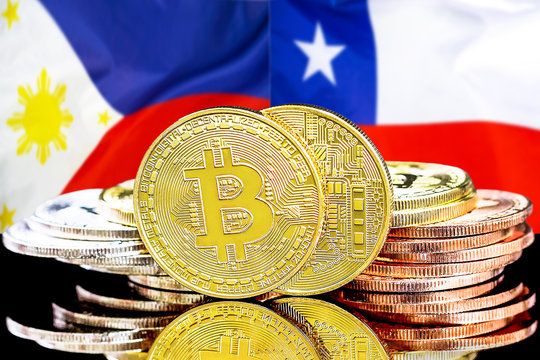 Concept for investors in cryptocurrency and Blockchain technology in the Philippines and Chile. Bitcoins on the background of the flag Philippines and Chile.