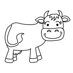 Cute cartoon cow standing on a white background. Graphic vector illustration for logos, packaging, child decor