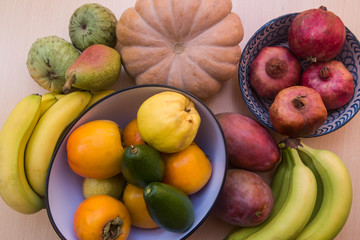 pumpkin and fruits on teble